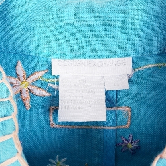 Design‎ Exchange -  Linen Blend Turquoise Floral Embroidered Jacket Size Large - Picture 4 of 6